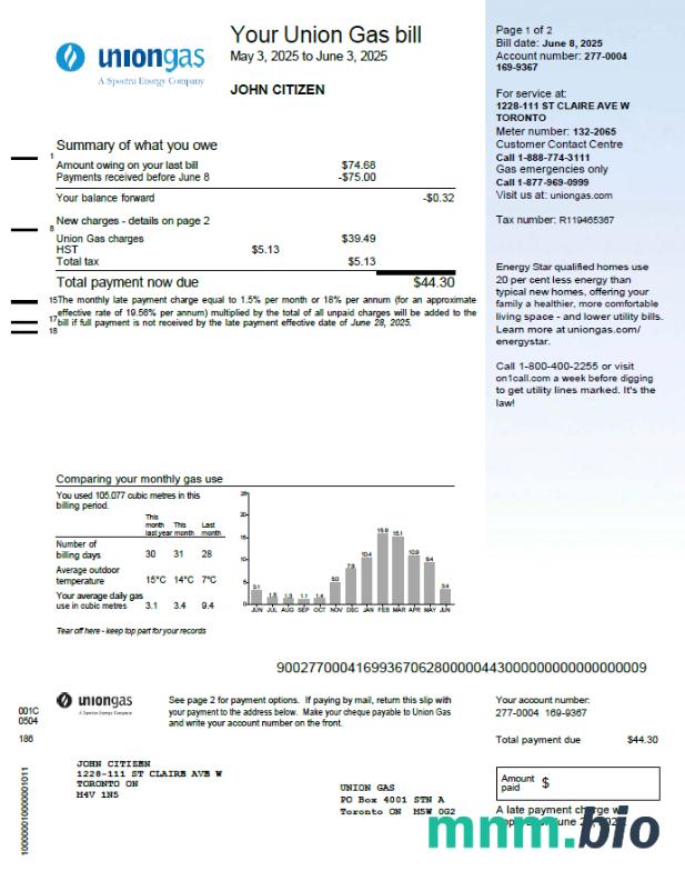 Szablon rachunku za media gazowe Canada Union w formatach Word i PDF